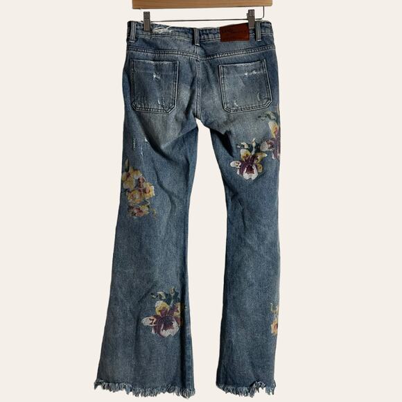 One Teaspoon Orchid Flare Leg Distressed Floral Patch Pocket Jeans 25 - Picture 14 of 16